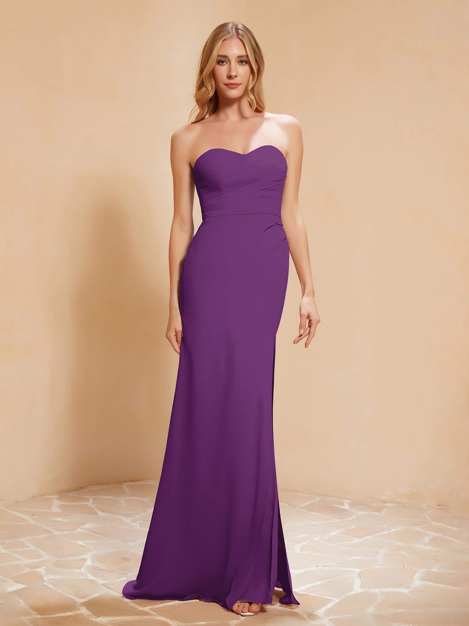 Strapless Long Sheath Chiffon Gown with Slit Grape